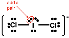 Lewis electron dot diagram for ICl2- ion showing the 10 valence electrons on the central atom.