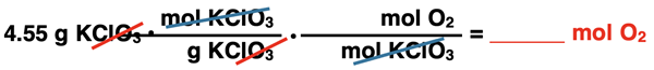 Shows the conversion factor set up with unit cancellation for converting from grams of a solid reactant (KClO3) to moles of a gaseous reactant (O2), specific to KClO3 decomposition reaction.