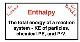 Definition of enthalpy as the total energy of a reaction system - KE of particles, chemical PE, and P•V.