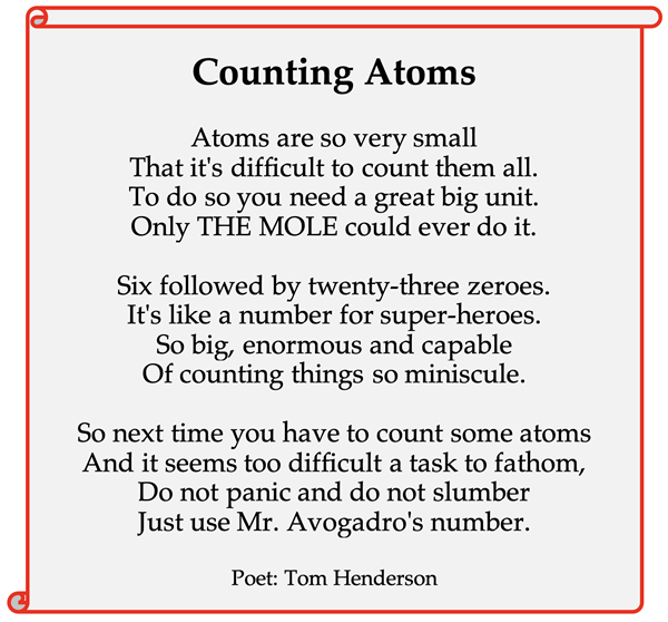 Poem regarding Avogadro’s number and its use to count atoms.