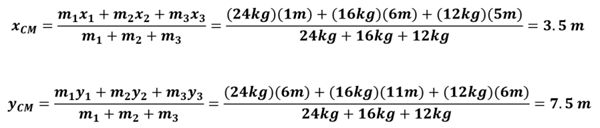 The equations to find the center of mass for 4a.  A 1x1 meter square is designated 1kg in weight, and the F is split into the left part, the top part and middle part, with centers of mass and positions of 24 kg at (1, 6), 16 kg at (6, 11), and 12 kg at (5, 6) respectively.  Then the centers are calculated.