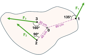 A piece of wood with a pivot at point 0, with 3 forces applied at points 1 through 3.  Point 1 is 80 cm from pivot and has a force angle of 135 degrees (with a Force of 19 newtons).  Point 2 is 40 cm from pivot with a 90 degree angle and a force of 14 newtons.  Point 3 is 30 cm from the center with 160 degree angle and a force of 11 newtons.