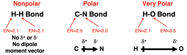 Contrast of three bond types – nonpolar, polar, ionic - showing electronegativity difference, partial charges, and dipole moment vectors.