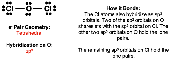 Analysis of OCl2, showing Lewis diagram, electron pair geometry, hybridization, and a description of the bonding.