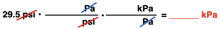Factor label set-up for a 2-step conversion from psi to kPa (via Pa), emphasizing arrangement of units. (No numbers inserted into conversion factor.)