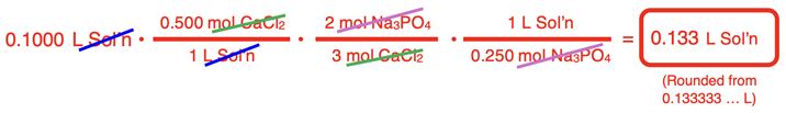 Factor label solution for converting from the volume of an aqueous-state reactant and the volume of a second aqueous-state reactant. Conversion factors, unit cancellation, and final answer are shown.