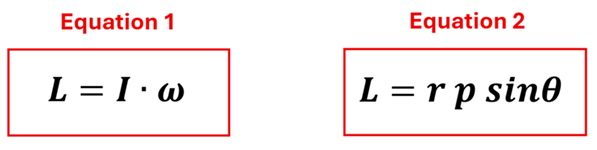 Both Angular Momentum Equations, Equation 1 being L = I omega, Equation 2 being L = r p sin theta.
