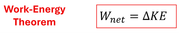 Work Energy Theorem, W net (Net Work) = Delta KE (Change in Kinetic Energy)