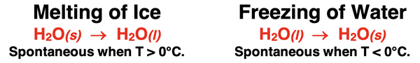 Melting Ice (spontaneous at T > 0°C) vs. Freezing Water (spontaneous at T < 0°C)
