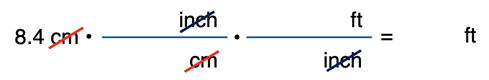 Conversion factor set-up for a two-step conversion from cm to inches to feet. Numbers not included; emphasis on unit cancellation.