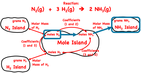 Demonstration of how to use the mole island graphic organizer to plot a conversion pathways between moles of a reactant and grams of a product; shows the conversion information used in each conversion step; specific to ammonia synthesis reaction.