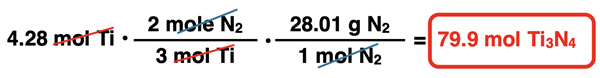 Shows the conversion factor solution - arrangement of factors with numbers, units, unit cancellation, and answer - for converting from moles of a reactant and mass of a second reactant, specific to Ti3N4 synthesis reaction.