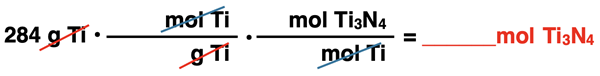Shows the conversion factor set up with unit cancellation for converting from mass of a reactant and moles of a product, specific to Ti3N4 synthesis reaction.