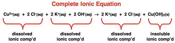 Complete ionic equation with dissolved ions and insoluble precipitate identified.