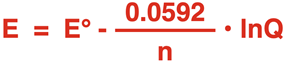 Equation for calculating the cell potential for non-standard concentrations at 25°C.
