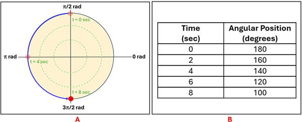 A circle with initial point at pi over 2 radian at 0 seconds, moving to 3 pi over 2 radian at 8 seconds.  To the right is a diagram showing the times to angular position in degrees.  0 seconds = 180 degrees, 2 seconds = 160, 4 seconds = 140, 6 seconds = 120, and 8 seconds = 100 degrees.