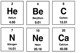 Periodic table cells displaying molar mass of He, Be, C, N, Ne, and Ca.