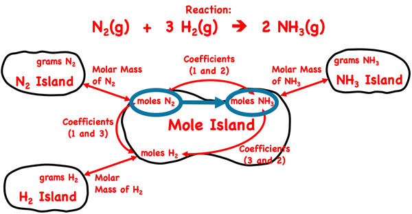 Demonstration of how to use the mole island graphic organizer to plot a conversion pathway between moles of a reactant and moles of a product; shows the conversion information used in each conversion step.