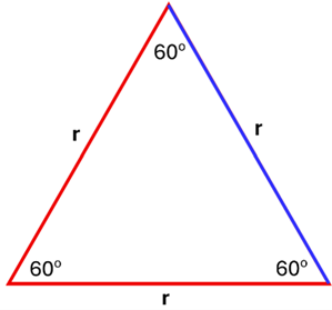 An equilateral Triangle with sides 'r' and each corner 60 degrees.  The left and bottom faces are red, the right blue.