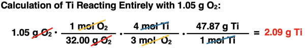 Shows the conversion factor solution - arrangement of factors with numbers, units, unit cancellation, and answer - for converting from grams of a reactant to grams of a second reactant, specific to Ti2O3 synthesis reaction. The second part of a 3-part excess reactant problem.
