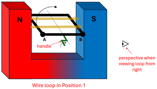 Horseshow magnet with North on left, South on right, opening facing up, with a square loop of wire in between them (with the area parallel with the magnetic field going left to right) being rotated clockwise about it's center.  An eye is placed to the right viewing the loop, and the text "Wire loop in position 1" below the image.