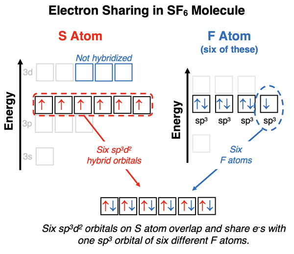 Energy level diagrams representing hybridization and bonding of S and F atoms in SF6.