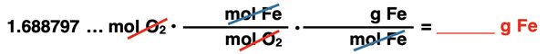 Shows the conversion factor set up with unit cancellation for converting from grams of a solid reactant (Fe) to moles of a gaseous reactant (O2), specific to Fe2O3 synthesis reaction.
