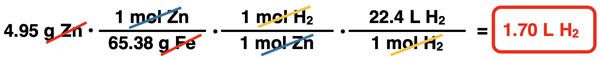 Shows the conversion factor solution - arrangement of factors with numbers, units, unit cancellation, and answer - for converting from mass of a reactant (Zn) to liters of a second gaseous reactant (H2).