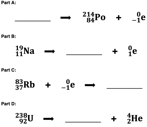Four incomplete nuclear equations, intended for practice; solutions shown elsewhere on the page.