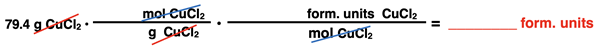 Example problem converting grams to molecules with two conversion factors (units, no numbers).