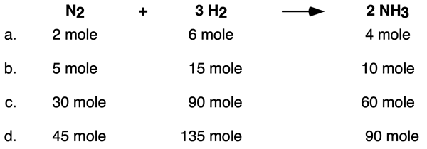 Table with 4 rows showing mole-to-mole relationships for the ammonia synthesis reaction.