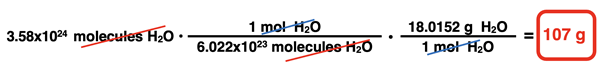 Example problem converting molecules to grams with two conversion factors.