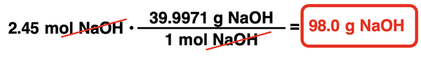 Example conversion of moles to grams.