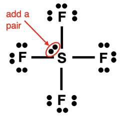 Lewis electron dot diagram for SF4 showing the 10 valence electrons on the central atom.