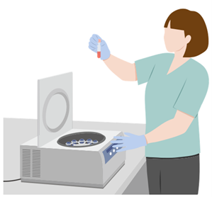 A graphic of a lady in a lab coat holding a test tube above a centrifuge machine.