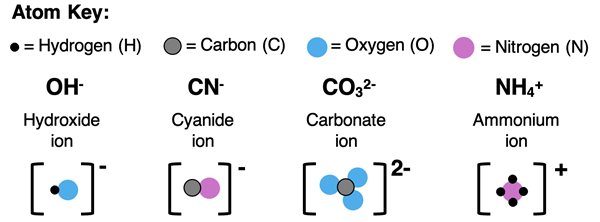 Formula, name, and particle diagrams for four polyatomic ions