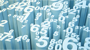 AI generated image of a random mess of numbers, large and small fonts.