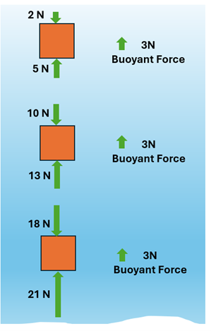 An illustration of the same wooden block at 3 depths in water.  Each block has a force arrow on the top and a force arrow on the bottom, with the Newton force values.  The first block shows a 2 newton force on top, and 5 newton on the bottom, and next the result is an upwards 3 newton buoyant force.  The next block shows a 10 newton force down and 13 up, again with a 3 newton buoyant force upwards.  The last one shows an 18 newton force down and a 21 newton force up, again with 3 newton buoyant force.  This shows the depth doesn't matter in calculating an object's buoyant force.