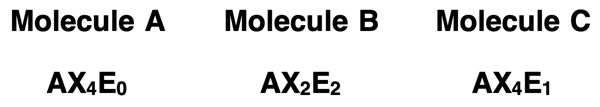 Ball-and-stick models for five molecules having different molecular shapes.