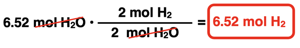 Shows the conversion factor solution - arrangement of factors with numbers, units, unit cancellation, and answer - for converting from moles of a product to moles of a reactant.