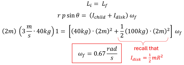 We start with Conservation of Angular Momentum equation again.  For the initial state, we will use r p sine theta for the child (the merry-go-round has no angular momentum initially) which will equal the sum of the Moment of inertia of the child and the Moment of inertia of the disk multiplied by the same Angular velocity omega sub f.  We will use the ring equation for the child's Moment of Inertia (M R squared) and the disk equation for the Merry go round's Moment of Inertia and plug in our values.  2m times 3 meters per second times 40 kg time 1 (initial Angular Momentum) = the sum of 40 kg times 2 meters squared plus 1/2 times 100 kg times 2 meters squared.  Solving for omega sub f we get 0.67 rads per second.