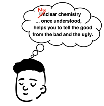 Cartoon emphasizing the need to replace unclear chemistry with nuclear chemistry in order to understand the value of the uses of radiation technologies.