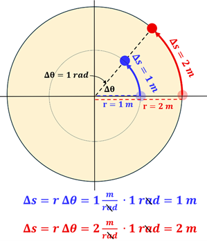 A circle with 1 meter and 2 meter radius markers and the calculation to find the distance traveled for a 1 radian angle.  The equation shows change in distance = radius times change in angle.  The change in angle is either 1 meter per radian or 2 meters per radian depending on the radius, and since it moves 1 radian, we are left with 1 meter for the 1 meter radius and 2 meters for the 2 meter radius distance traveled.