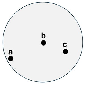 A uniform disk is shown with 3 holes labeled a, b, and c.  b is in the center, c is about halfway from b and the edge to the right, and a is near the edge.
