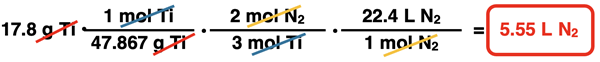 Shows the conversion factor solution - arrangement of factors with numbers, units, unit cancellation, and answer - for converting from grams of a reactant to liters of a second gaseous reactant, specific to Ti3N4 synthesis reaction.