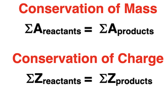 Shorthand representation of the laws of conservation of mass and charge as it applies to mass numbers and atomic numbers in a nuclear equation.