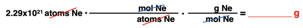 Set up conversion factors (units, no numbers) for an atoms to grams conversion.