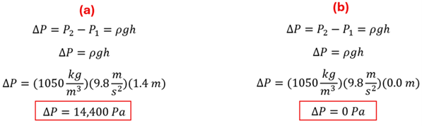 To solve for positions a (standing) and b (lying down), two sets of equations are given.  Both start with delta P (change in Pressure) = P2 - P1 which also equals rho (density) times g (gravitational constant) times h (height).  1050 kg per m cubed is entered for the blood in both, 9.8 entered for g for both, but for A the height of 1.4 m is entered giving a change in pressure of 14,400 pascals.  For B, 0 is entered for the height, which means there is no change in pressure (0 pascals)