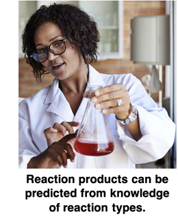 Chemist in lab coat with quote: “Reaction products can be predicted from knowledge of reaction types.”