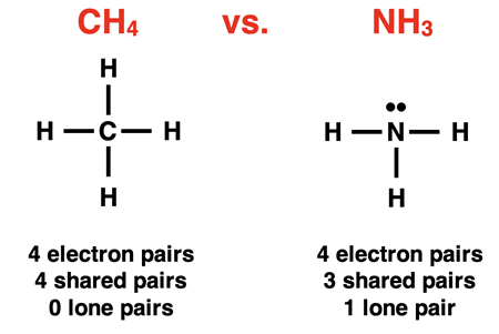 Lewis electron dot diagrams of CH4 and NH3 with descriptions of shared pairs and lone pairs.